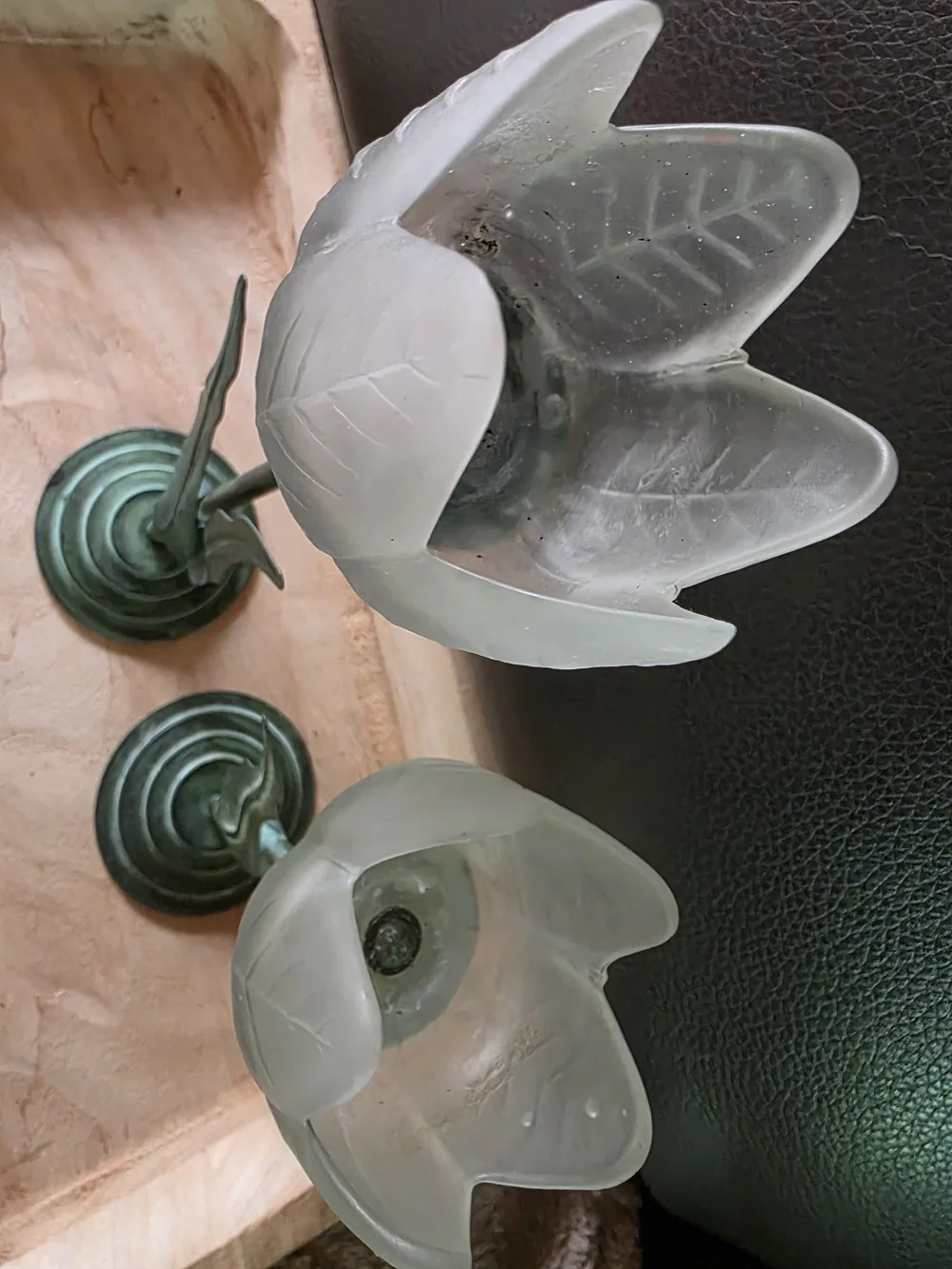 Glass Tulip Candle Holders in Frosted White and Patina Green - Home Accents